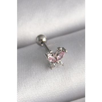 Skygo TJ-PR1241 316L Çelik Gümüş Renk Pembe Zirkon Taşlı Kelebek Tragus Piercing