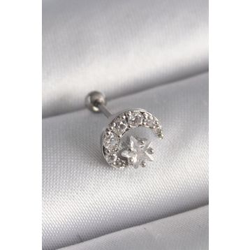 Skygo TJ-PR1257 316L Çelik Gümüş Renk Zirkon Taşlı Ay Yıldız Tragus Piercing