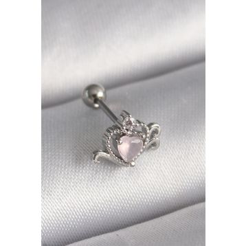 Skygo TJ-PR1261 316L Çelik Gümüş Renk Pembe Mineli Kalp Zirkon Taş Detay Tragus Piercing