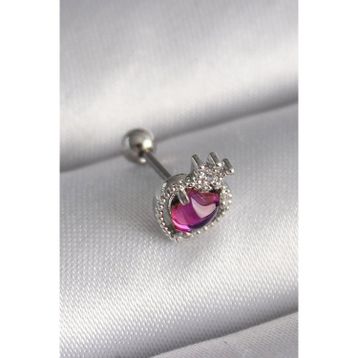 Skygo TJ-PR1263 316L Çelik Gümüş Renk Pembe Mineli Kalp Zirkon Taş Detaylı Taç Tragus Piercing