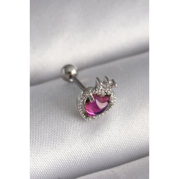Skygo TJ-PR1263 316L Çelik Gümüş Renk Pembe Mineli Kalp Zirkon Taş Detaylı Taç Tragus Piercing