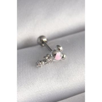 Skygo TJ-PR1281 316L Çelik Gümüş Renk Zirkon Taş Detay Pembe Kalp İşleme Tragus Piercing