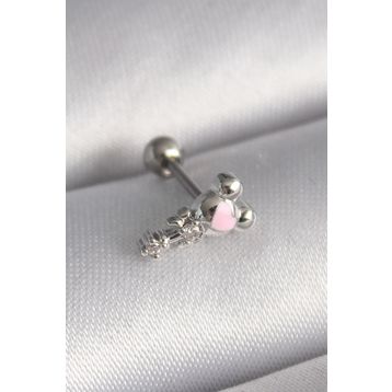 Skygo TJ-PR1281 316L Çelik Gümüş Renk Zirkon Taş Detay Pembe Kalp İşleme Tragus Piercing