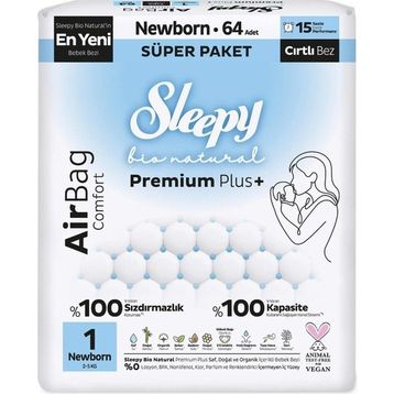 Sleepy Bio Natural Premium Plus Airbag Comfort No:1 Yenidoğan 64 Adet Bebek Bezi
