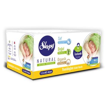 Sleepy Natural Yenidoğan Pamuklu 12X40'lı Yaprak Çoklu Paket Islak Mendil