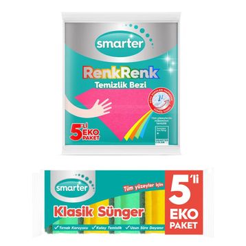 Smarter Klasik Sünger 5'li +Renk Renk 5'li Temizlik Bezi