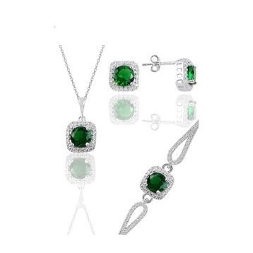 Söğütlü Silver Gümüş Rodyumlu Kök Zümrüt Taşlı Kare Kolye Küpe