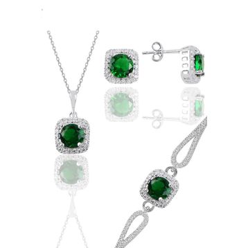 Söğütlü Silver Gümüş Rodyumlu Kök Zümrüt Taşlı Kare Kolye Küpe