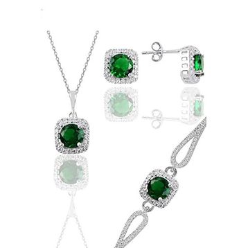 Söğütlü Silver Gümüş Rodyumlu Kök Zümrüt Taşlı Kare Kolye Küpe