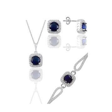 Söğütlü Silver Gümüş Rodyumlu Safir Taşlı Kare Kolye Küpe ve Bileklik
