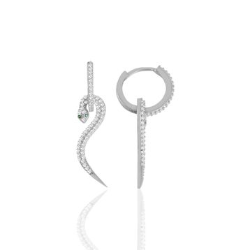 Söğütlü Silver Gümüş Rodyumlu Zirkon Taşlı 14 mm Halkalı Tasarım Yılan Küpe