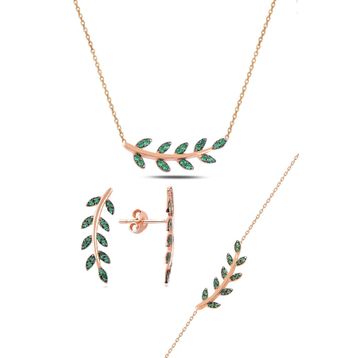 Söğütlü Silver SGTL10753 Rose Yeşil Taşlı Yaprak Kolye Ve Küpe Gümüş Set