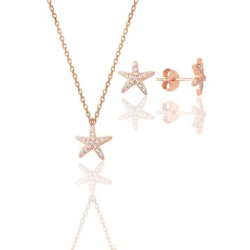 Söğütlü Silver SGTL11441 Gümüş Rose Zirkon Taşlı Deniz Yıldızı Kolye ve Küpe İkili Set