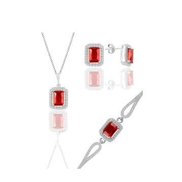 Söğütlü Silver SGTL11598 Gümüş Rodyumlu Kırmızı Taşlı Baget Kesim Üçlü Set