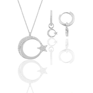 Söğütlü Silver SGTL11668 Gümüş Rodyumlu Zirkon Taşlı Ay Yıldız Kolye Ve Küpe Ikili Set