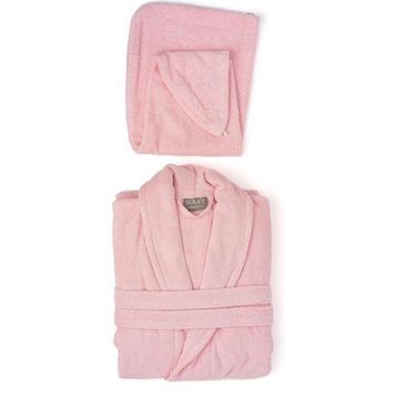 Soley Mayda Pembe Ekstra Yumuşak %100 Pamuk Saç Bonesi Bornoz Seti
