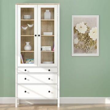 SSB Furniture Helen Beyaz Safir Meşe 194x35x83 cm Camlı Kitaplık