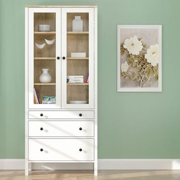 SSB Furniture Helen Beyaz Safir Meşe 194x35x83 cm Camlı Kitaplık