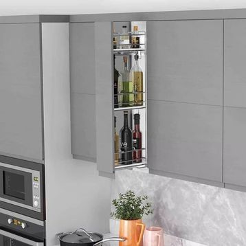 Starax 15 cm Krom Modül Çift Açılım Gizli Raylı 3 Sepetli Ahşap Tabanlı Mini Sağ Şişelik