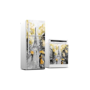 StickerArt Buzdolabı ve Bulaşık Makinası Beyaz Eşya Kaplama Eyfel Sarı Yağlıboya Sticker
