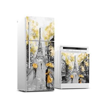 StickerArt Buzdolabı ve Bulaşık Makinası Beyaz Eşya Kaplama Eyfel Sarı Yağlıboya Sticker
