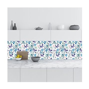 StickerArt Mavi Çiçek Kelebek 60x200 cm Mutfak Tezgah Arası Fayans Kaplama Folyosu