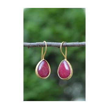 Stoneage Altın Kaplama Vişne Rengi Jade Taşlı Kadın Küpe