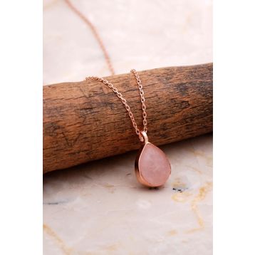 Sümer Telkari 7752 Doğal Pembe Kuvars Taşlı Damla Mini Rose Gümüş Kolye