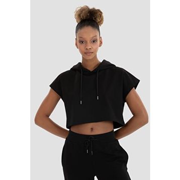 Superstacy Alice Kapüşonlu Kısa Kollu Siyah Crop Sweatshirt