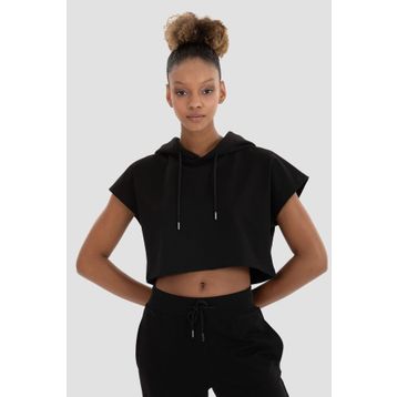 Superstacy Alice Kapüşonlu Kısa Kollu Siyah Crop Sweatshirt