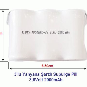 Supex 3.6 Volt 2000 mAh 3'lü Yanyana Şarjlı Süpürge Pili