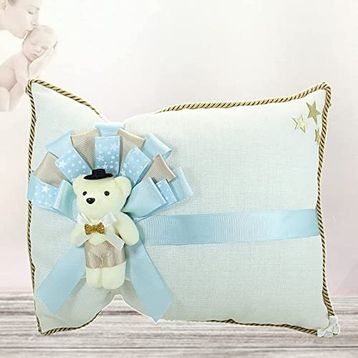 SüSLe Bebek ve Parti Takı Keten Kumaş Mavi Bebek Altın Yastığı