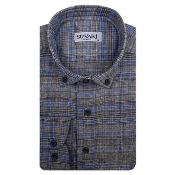 Süvari Slim Fit Desenli Flanel Uzun Gri Erkek Gömlek