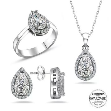 Swarovski Taşlı Sertifikalı Damla Gümüş Kolye Küpe Yüzük Set