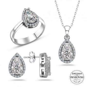 Swarovski Taşlı Sertifikalı Damla Gümüş Kolye Küpe Yüzük Set