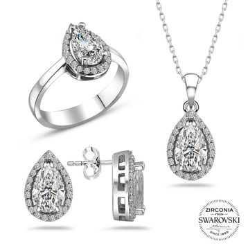 Swarovski Taşlı Sertifikalı Damla Gümüş Kolye Küpe Yüzük Set