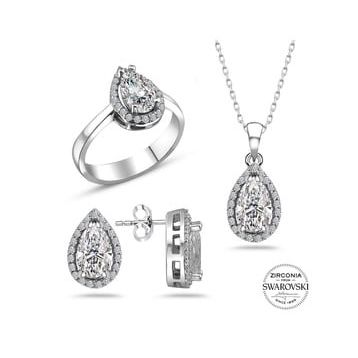 Swarovski Taşlı Sertifikalı Damla Gümüş Kolye Küpe Yüzük Set