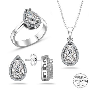 Swarovski Taşlı Sertifikalı Damla Gümüş Kolye Küpe Yüzük Set