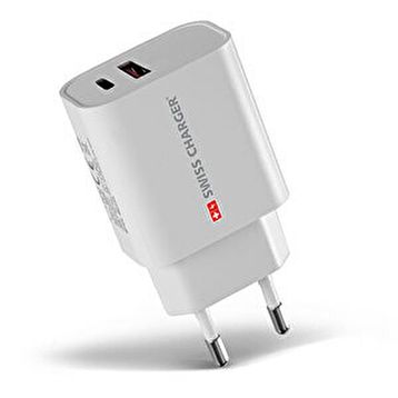 Swiss Charger SCH-40029 20 w Type-C ve Usb 2 Çıkışlı Hızlı Şarj Adaptörü