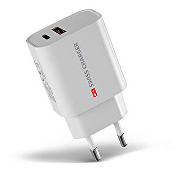 Swiss Charger SCH-40029 20 w Type-C ve Usb 2 Çıkışlı Hızlı Şarj Adaptörü