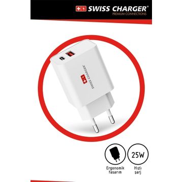 Swiss Charger SCH-40659 Beyaz 65 W Type-C ve USB Hızlı Şarj Cihazı