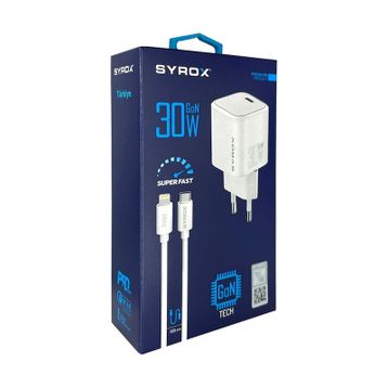 Syrox GAN30 Type-C Giriş Başlık + Type-C To Lightning Kablo 30W Quick Şarj Seti