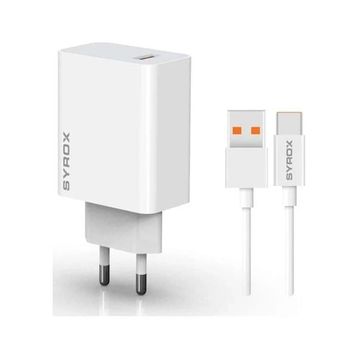 Syrox M33T 3.0A 33W Turbo 1 mt USB-A Type-C Kablolu USB-A Çıkışlı Beyaz Şarj Cihazı
