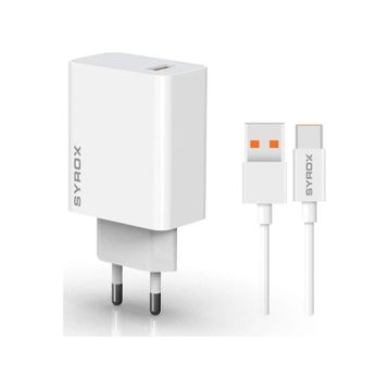 Syrox M33T 3.0A 33W Turbo 1 mt USB-A Type-C Kablolu USB-A Çıkışlı Beyaz Şarj Cihazı