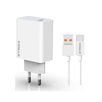 Syrox M33T 3.0A 33W Turbo 1 mt USB-A Type-C Kablolu USB-A Çıkışlı Beyaz Şarj Cihazı