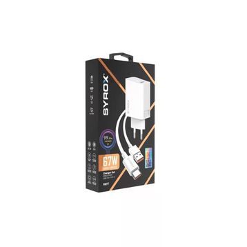 Syrox M67T 3.0A 67W Turbo 1 mt USB-A Type-C Kablolu 1XUSB-A Çıkışlı Beyaz Şarj Cihazı
