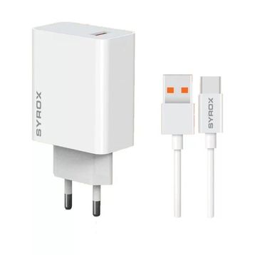 Syrox M67T 3.0A 67W Turbo 1 mt USB-A Type-C Kablolu 1XUSB-A Çıkışlı Beyaz Şarj Cihazı