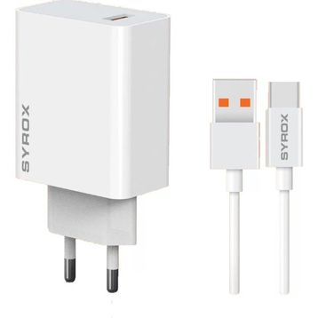 Syrox M67T 3.0A 67W Turbo 1 mt USB-A Type-C Kablolu 1XUSB-A Çıkışlı Beyaz Şarj Cihazı