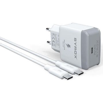 Syrox PD18T 3.0A 18W PD 1 mt Type-C Type-C Kablolu 1X Type-C Port Çıkışlı Beyaz Şarj Cihazı