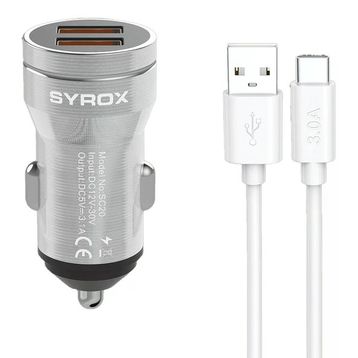 Syrox SC20T 3.1A Q.C. 3.0 1 mt USB-A Type-C Kablolu 2XUSB-A Port Çıkışlı Hızlı Gri Araç Şarj Cihazı